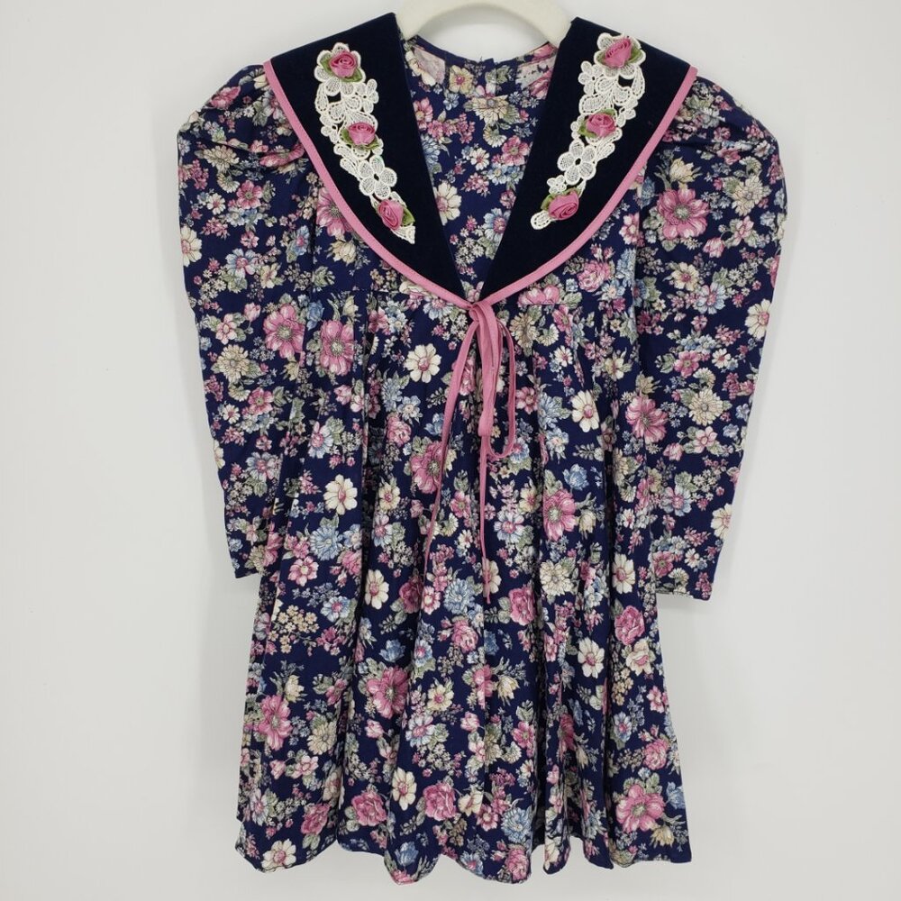 Vintage 80s 90s Floral‎ Little Girls Dress Sz 5 Cottagecore Coquette Blue Pink